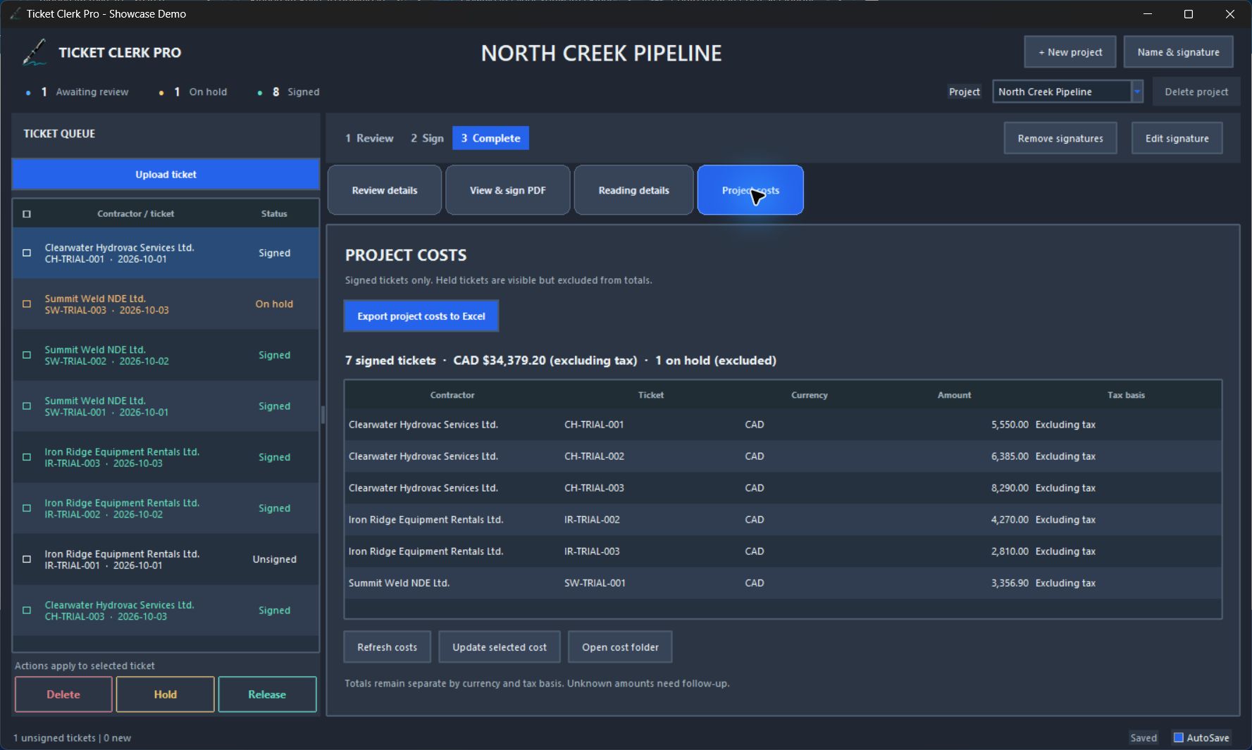 Ticket Clerk Pro showing contractor tickets and project cost totals
